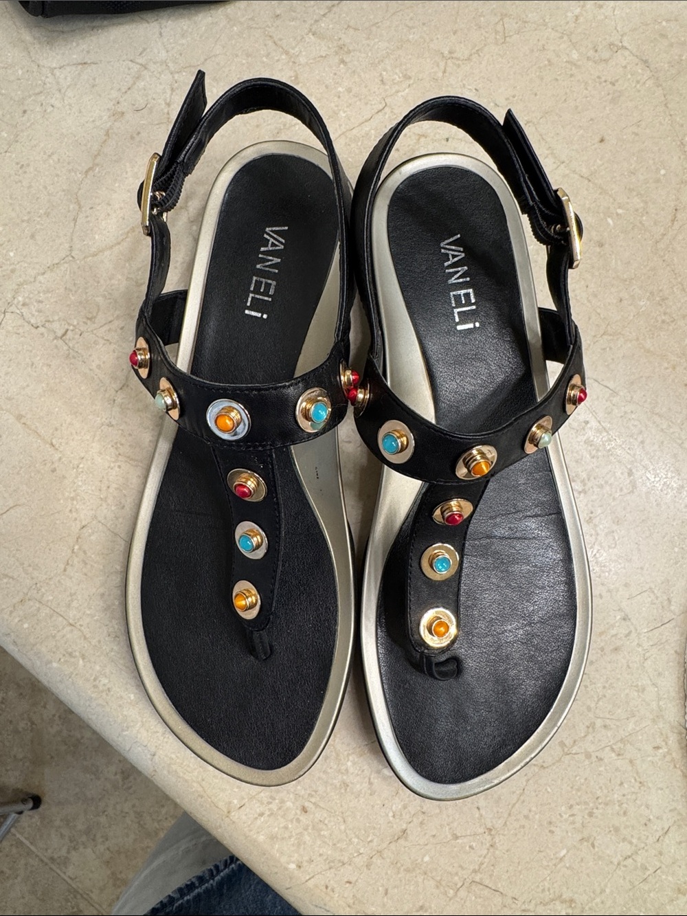 Vaneli Black T-Strap Sandals with Multicolor Gem Accents